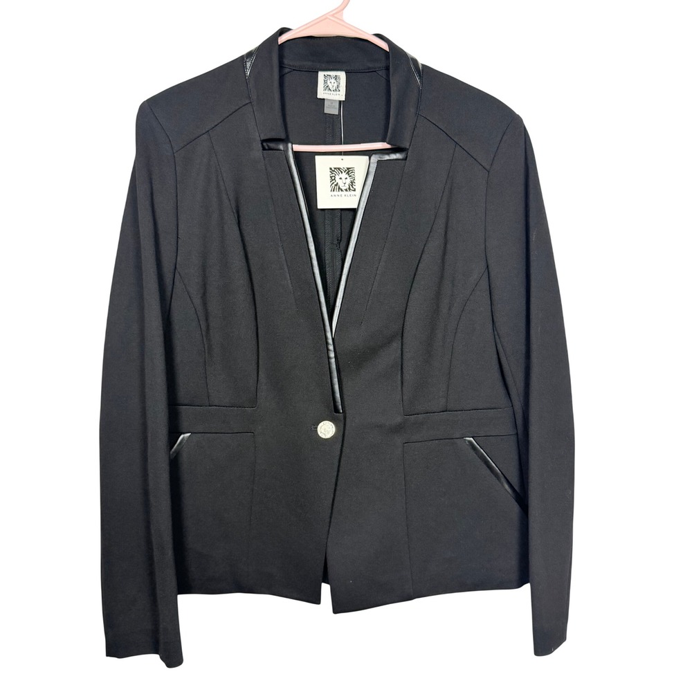 Anne Klein Womens Blazer Jacket Size M Black Faux Leather Trim One Button NWT